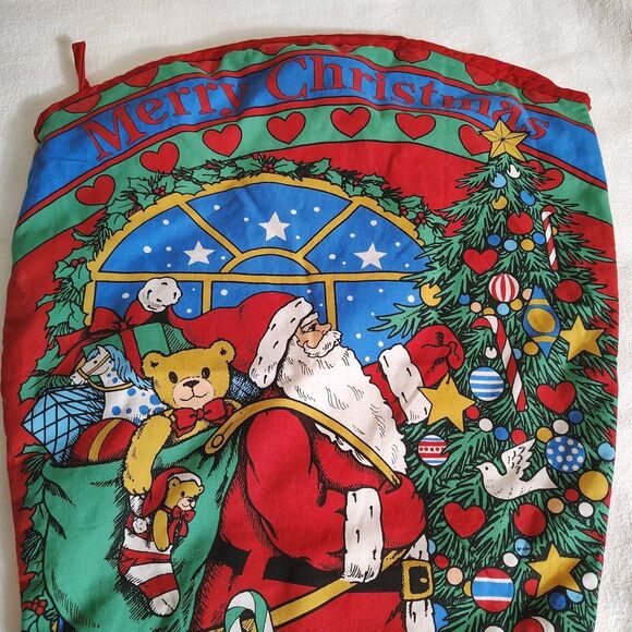 Vtg Pair Handmade Large Christmas Stockings Santa Teddy Bear & Toy Print  Retro - Picture 6 of 8